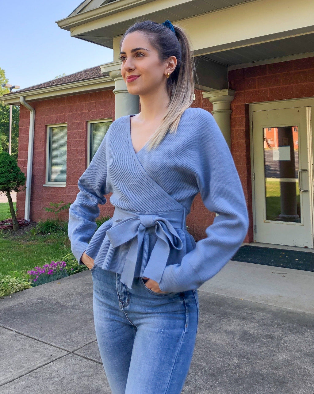 Luxuii Wrap Ruffle Belted Waist Knitted Sweater Pullover
