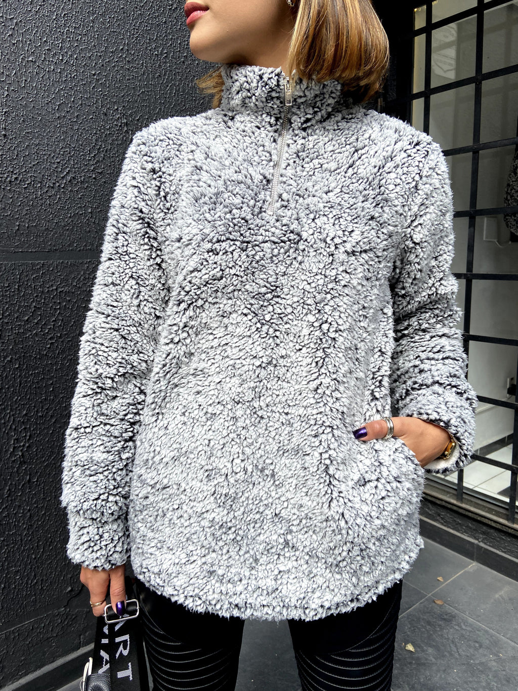 Luxuii Zipper Sherpa Fleece Sweatshirt Pullover