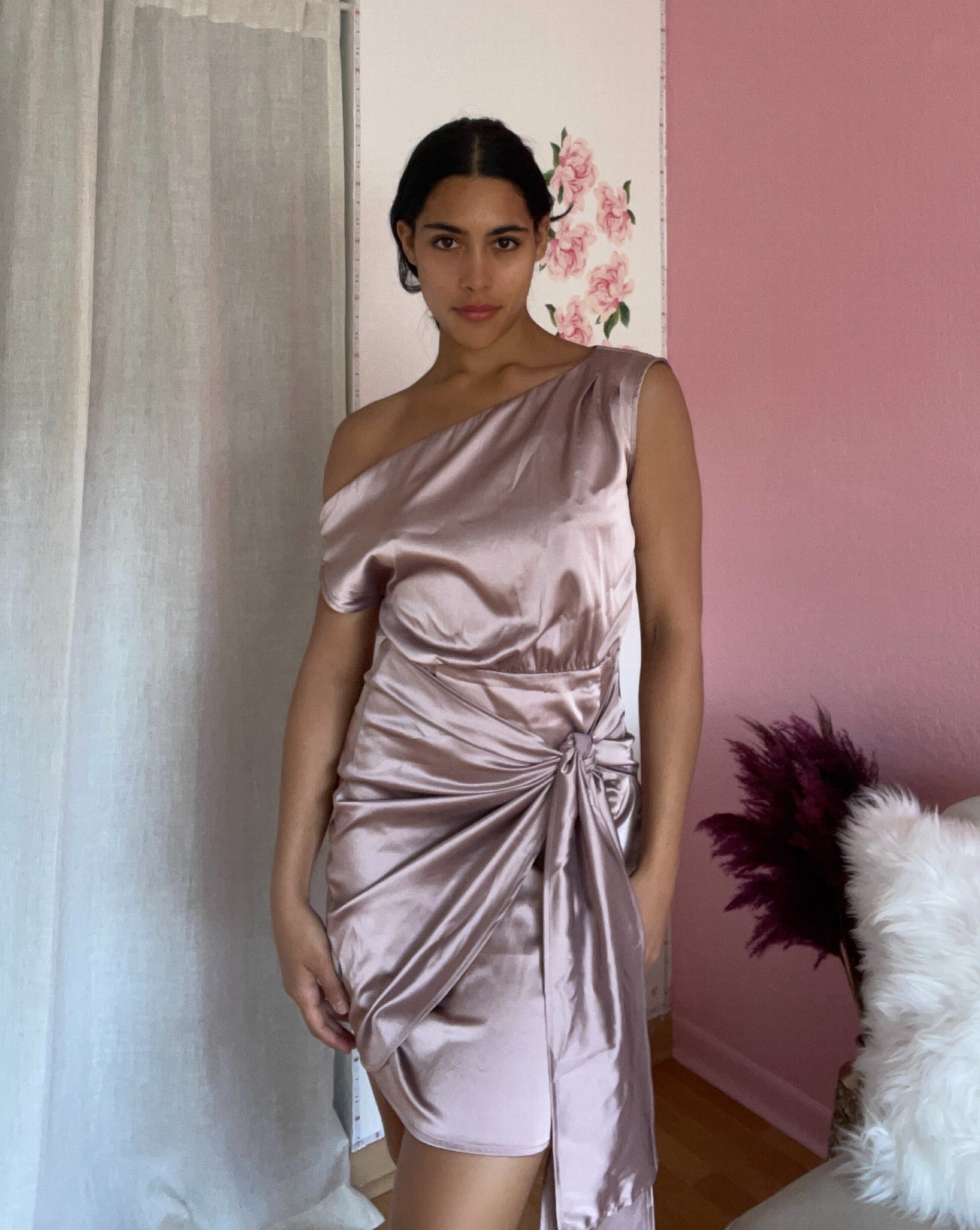 Luxuii Satin One Shoulder Sleeveless Ruched Mini Dress