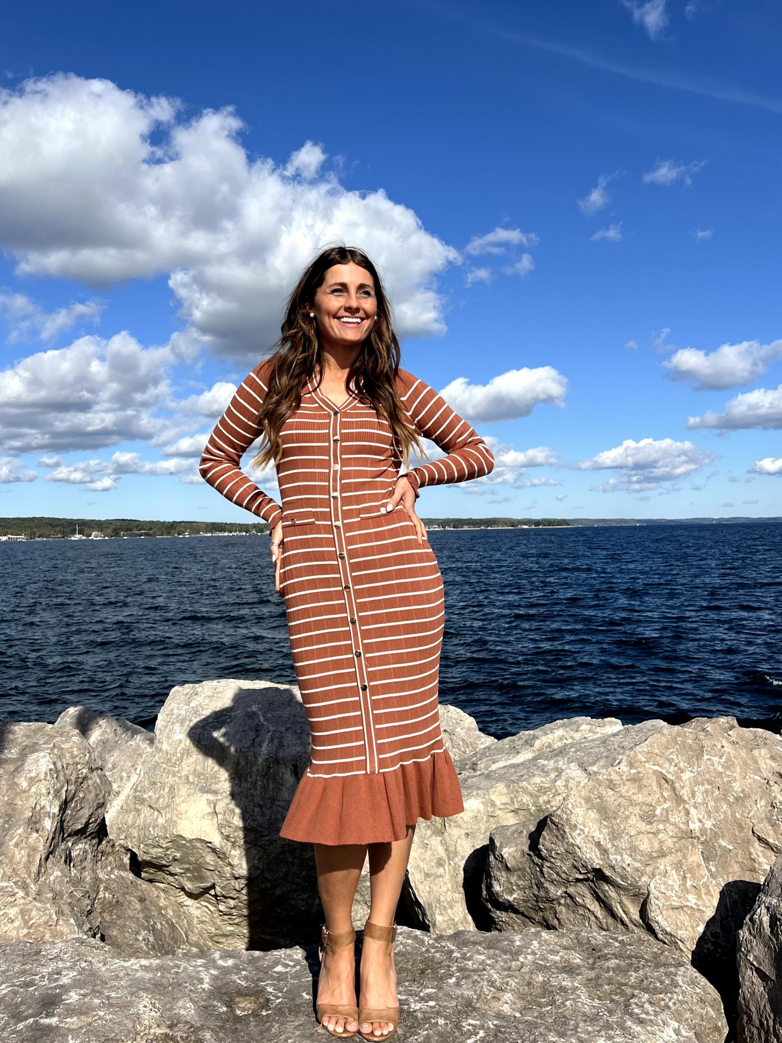 Luxuii Striped V Neck Button Elegant Bodycon Knit Dresses
