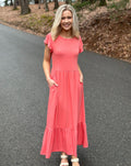 Luxuii Flutter Short Sleeve Crewneck Loose Tiered Maxi Dress