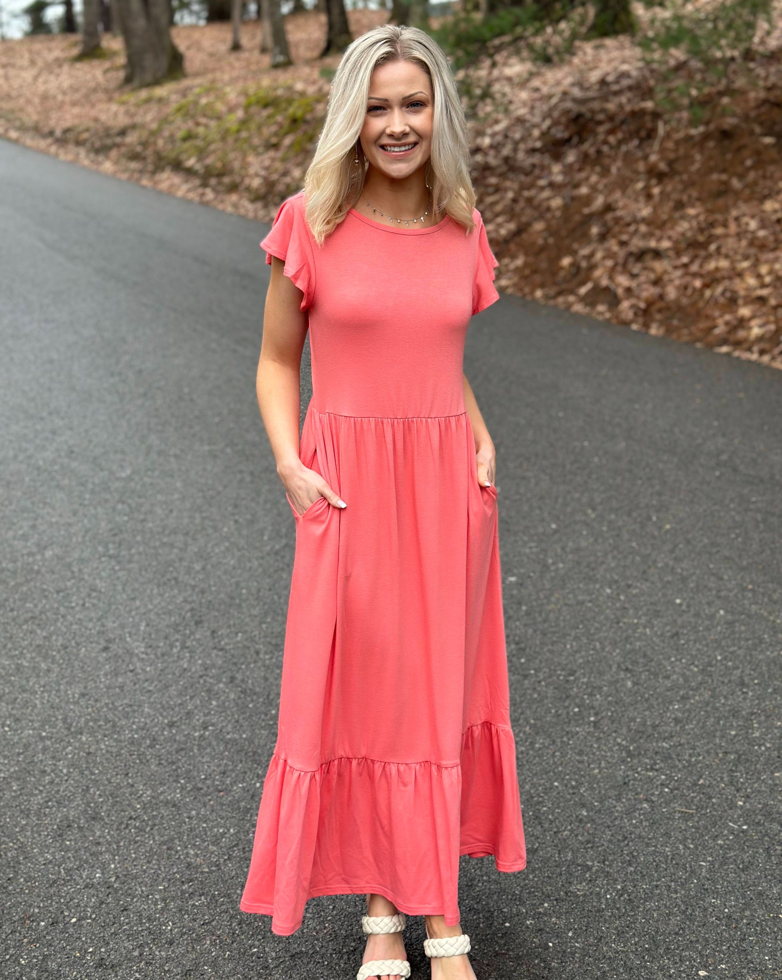 Luxuii Flutter Short Sleeve Crewneck Loose Tiered Maxi Dress