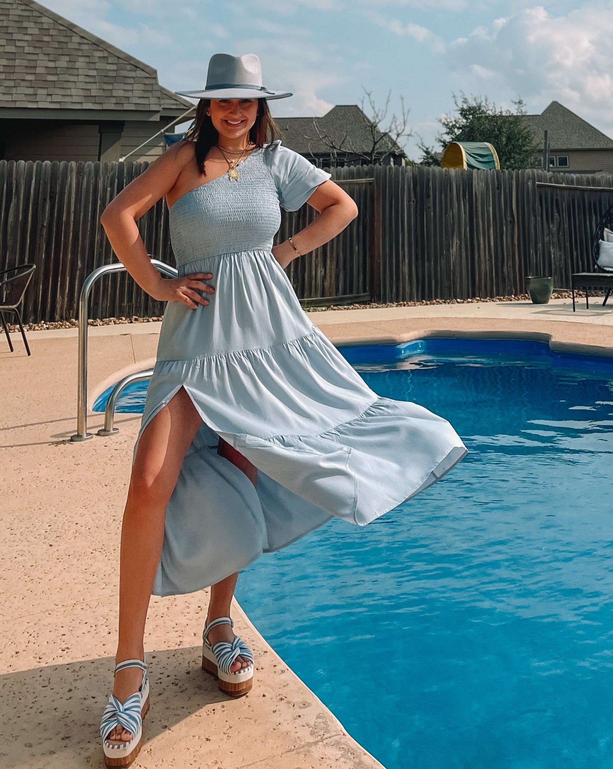 Luxuii Boho One Shoulder Smocked Swing Midi Dress