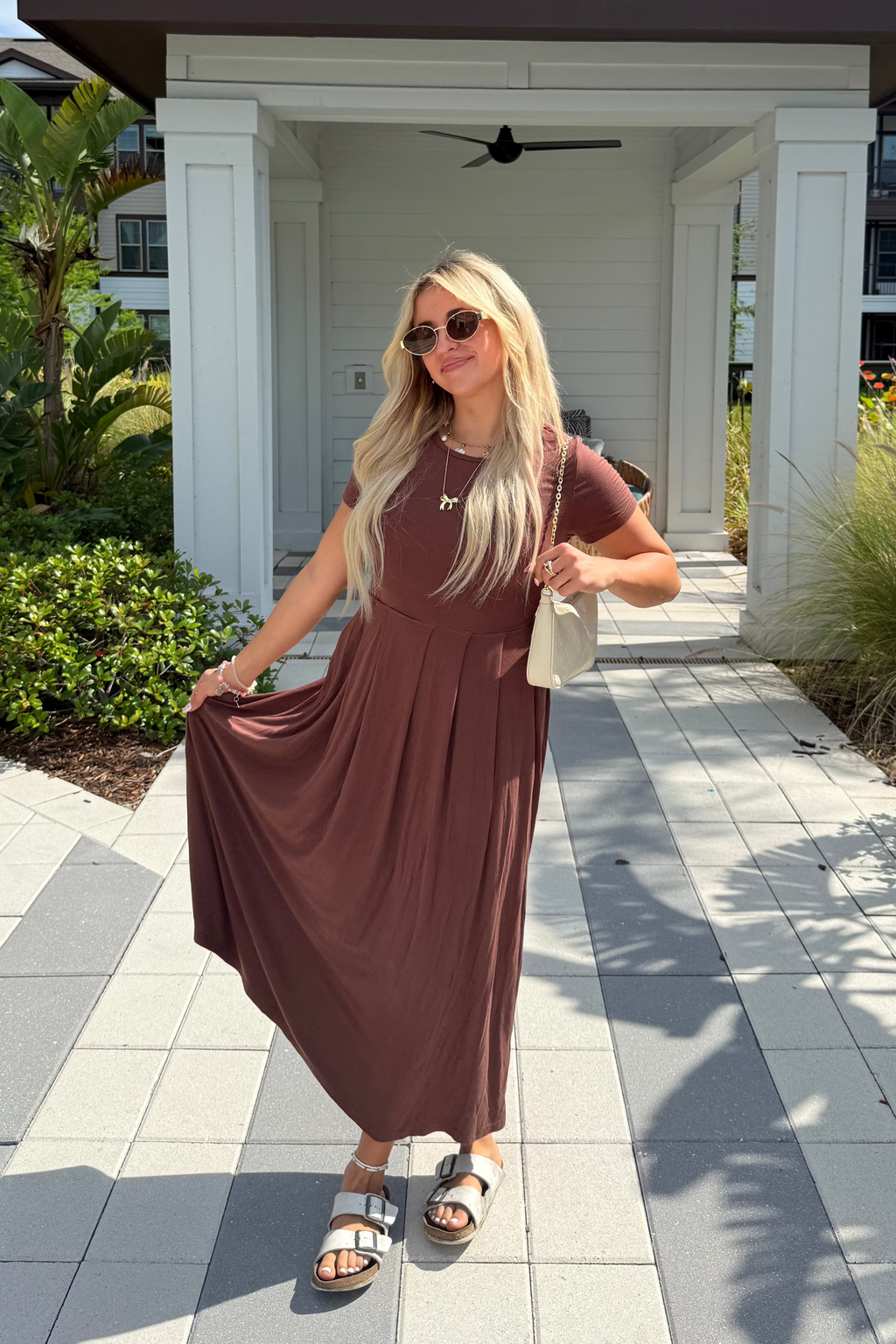 Luxuii Short Sleeve Crewneck Pleated A Line Flowy Long Dresses