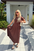Luxuii Short Sleeve Crewneck Pleated A Line Flowy Long Dresses