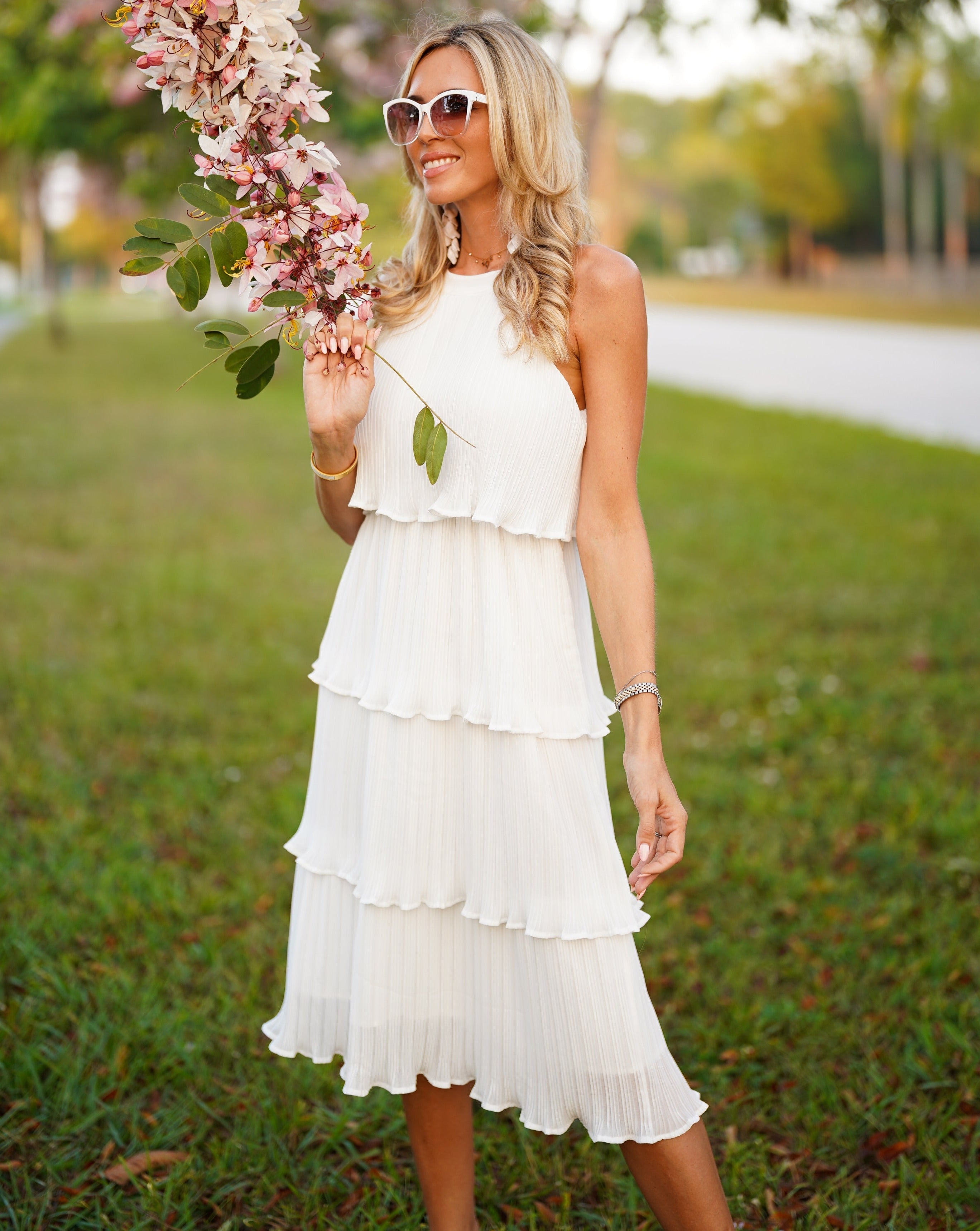 Luxuii Sleeveless Halter Neck Ruffle Tiered Midi Dress