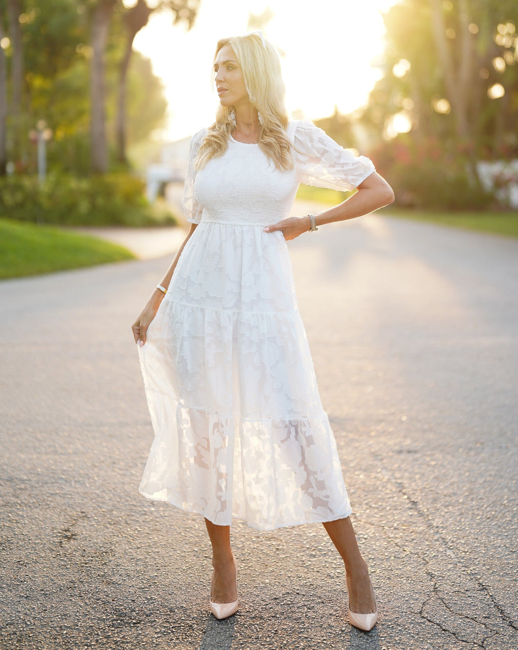 Luxuii Floral Lace Flowy Short Sleeve Smocked Midi Dress