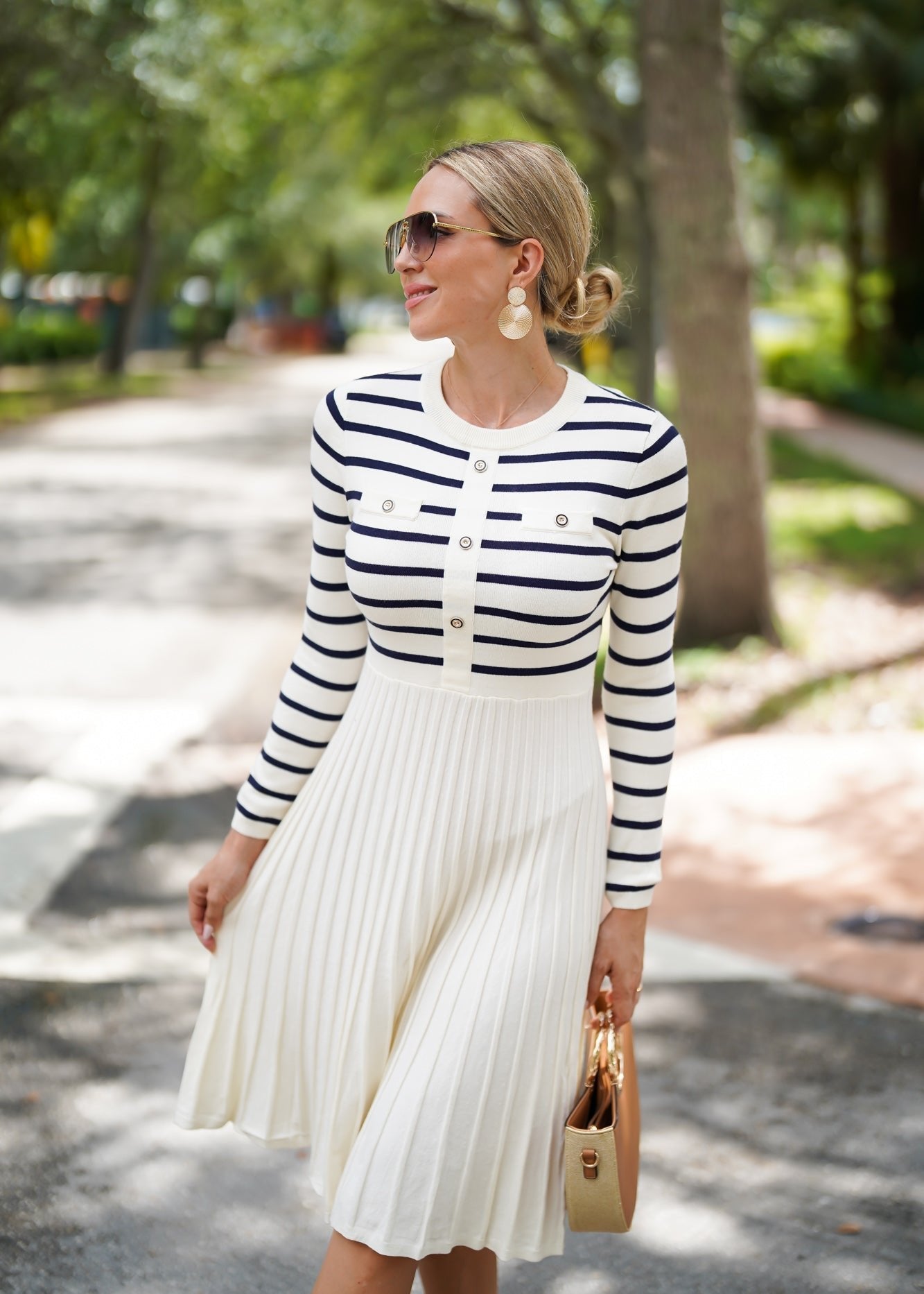 Luxuii Striped Crewneck Button Ribbed Knit Sweater Dress