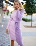 Luxuii Long Sleeve Crewneck Tie Waist Ribbed Midi Dress