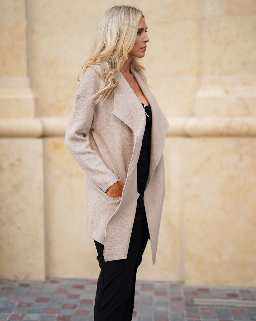 Luxuii Long Sleeve Open Front Irregular Hem Knit Lapel Cardigan