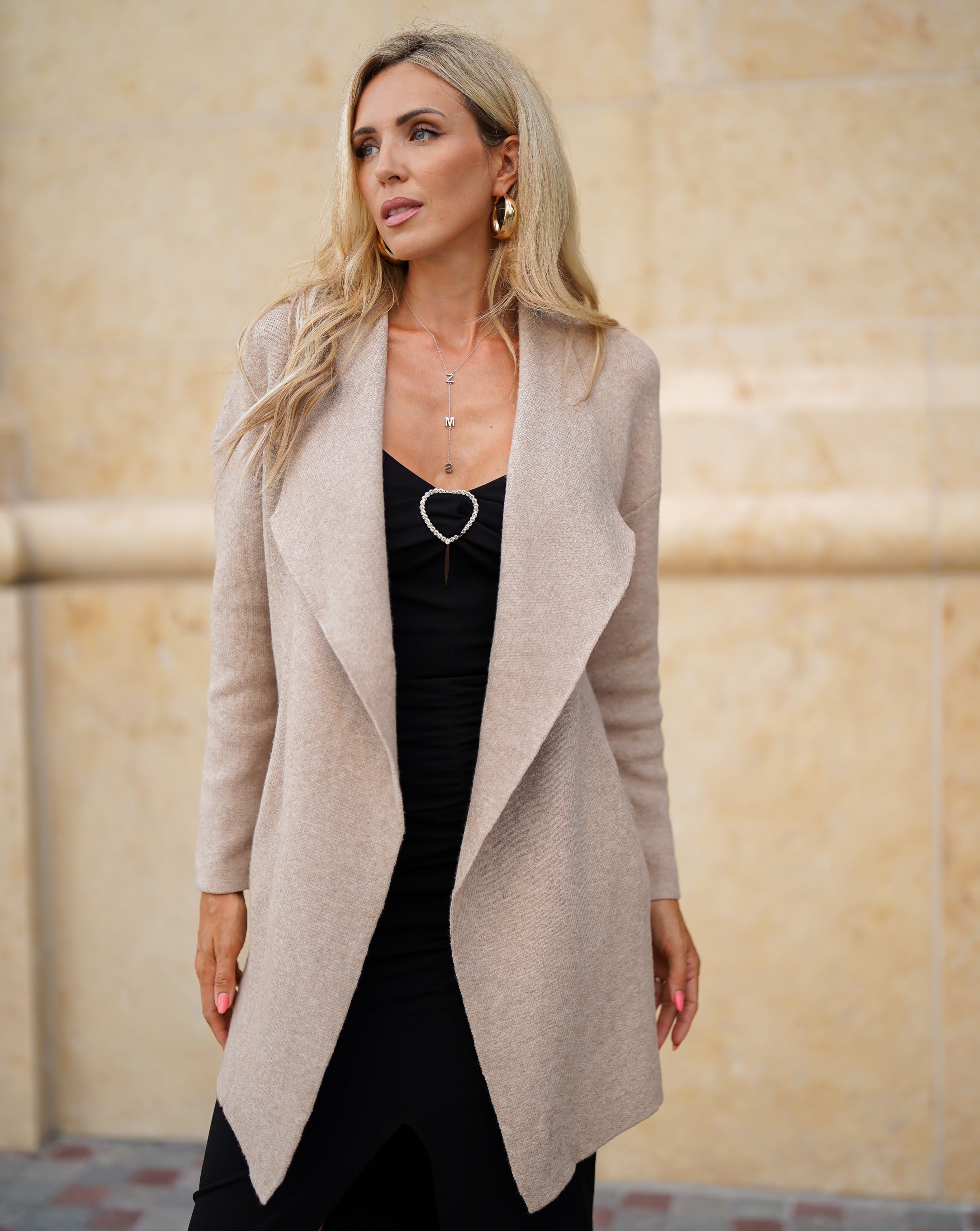 Luxuii Long Sleeve Open Front Irregular Hem Knit Lapel Cardigan
