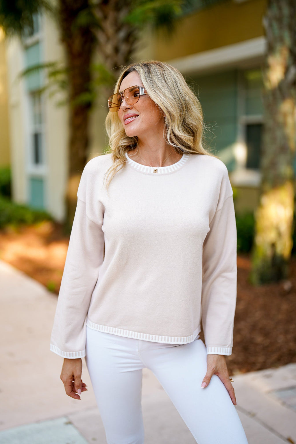 Luxuii Long Sleeve Crewneck Loose Ribbed Knit Pullover Tops