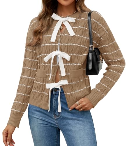 Luxuii Open Front Striped Tie Front Loose Chunky Knit Coats