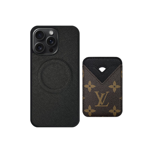 Set Magsafe Cardholder Orange Monogram Black with Case For iPhone 12-17 Series
