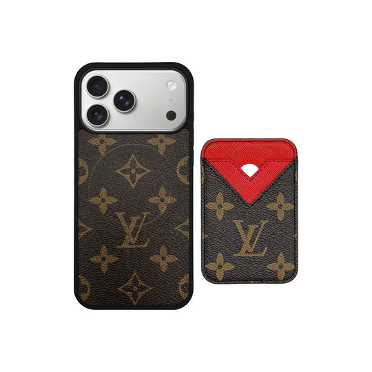 Set Magsafe Cardholder Orange Monogram Brown with Case For iPhone 12-17 Series