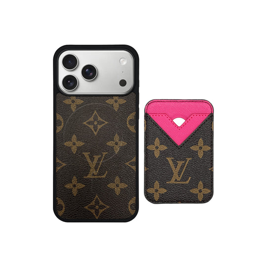 Set Magsafe Cardholder Orange Monogram Brown with Case For iPhone 12-17 Series