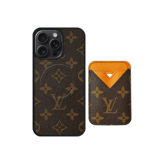 Set Magsafe Cardholder Orange Monogram Brown with Case For iPhone 12-17 Series