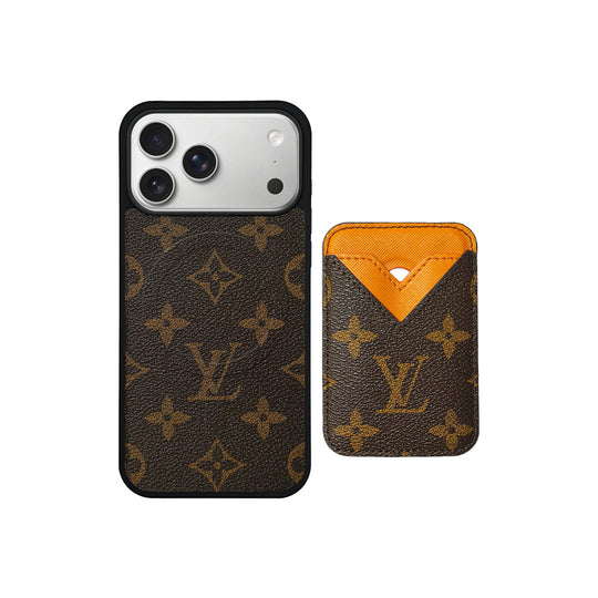 Set Magsafe Cardholder Orange Monogram Brown with Case For iPhone 12-17 Series