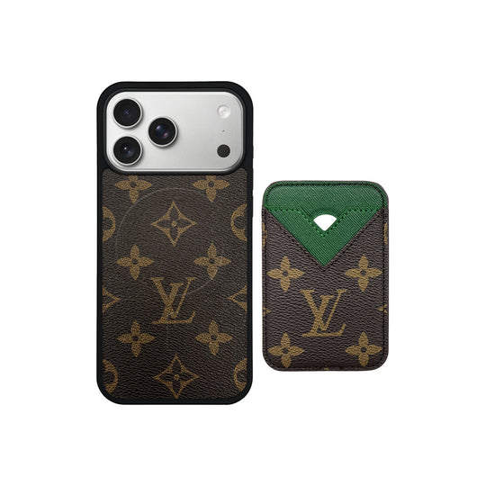 Set Magsafe Cardholder Orange Monogram Brown with Case For iPhone 12-17 Series