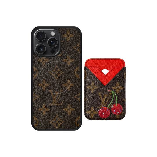 Set Magsafe Cardholder Orange Monogram with Case For iPhone 12-17 Series