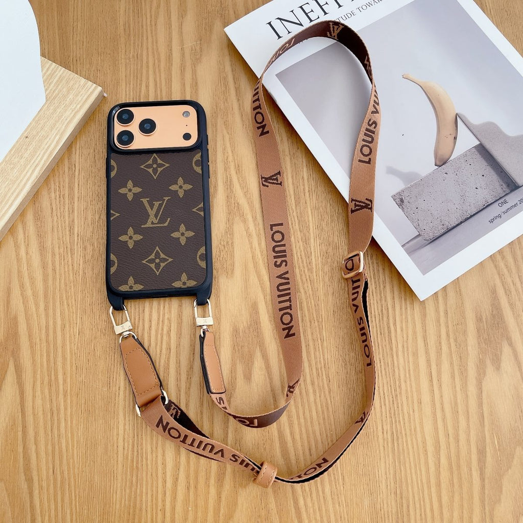 Luxury Monogram Phone Case with Detachable Strap for iPhone 12-17 Series