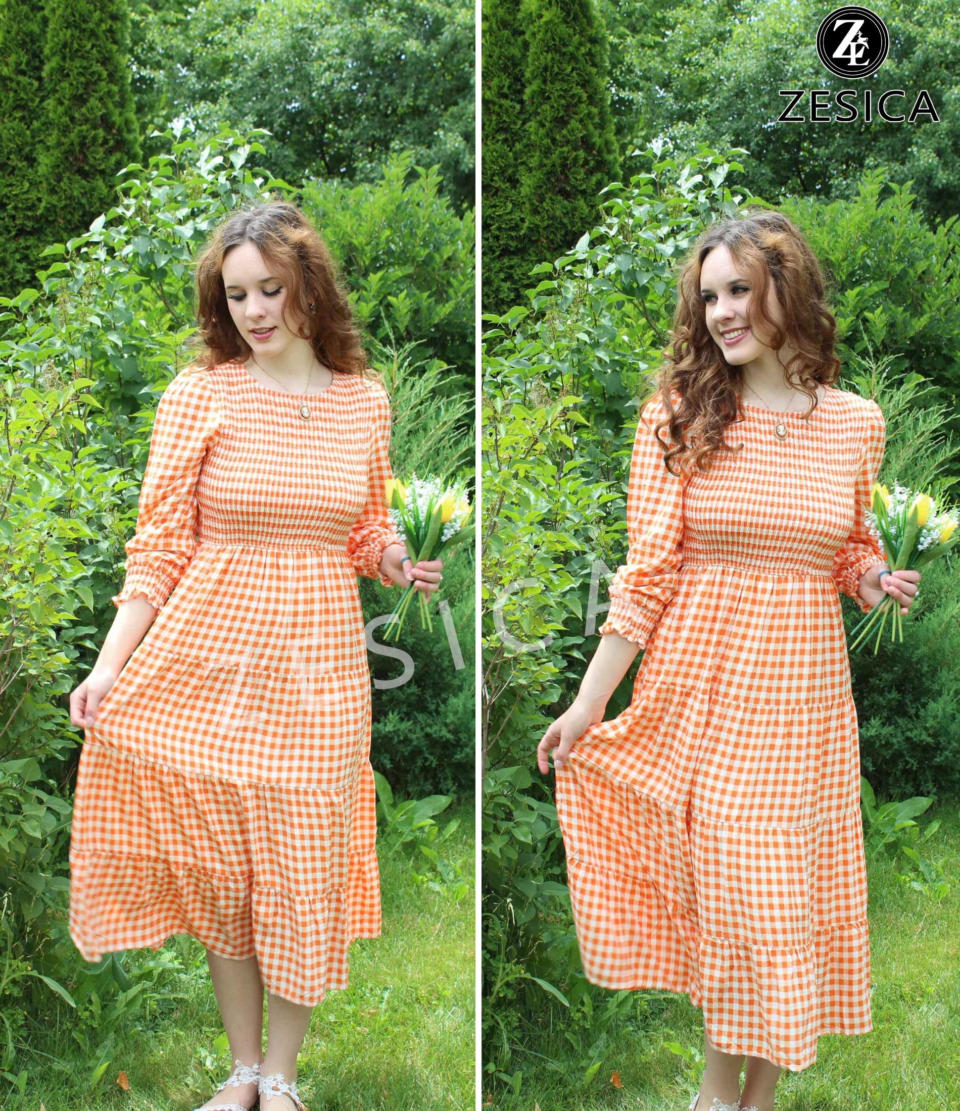 Luxuii Long Sleeve Elastic Waist Smocked Flowy Tiered Midi Dress