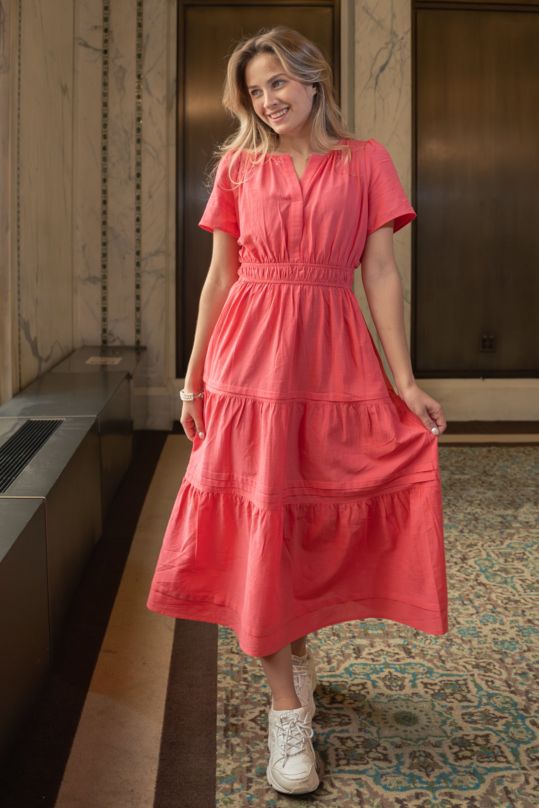 Luxuii Short Sleeve V Neck Elastic Waist Tiered Flowy Boho Dress