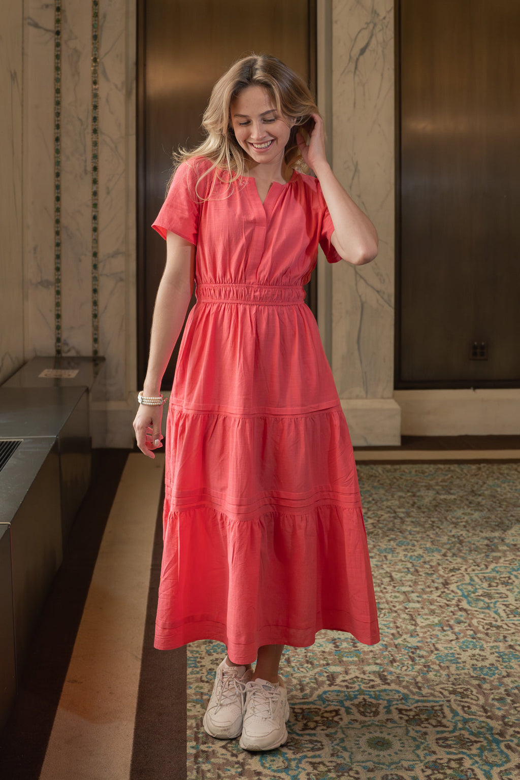 Luxuii Short Sleeve V Neck Elastic Waist Tiered Flowy Boho Dress