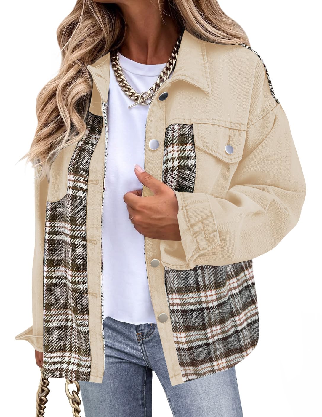 Luxuii Long Sleeve Plaid Button Down Lapel Collar Shacket with Pocket