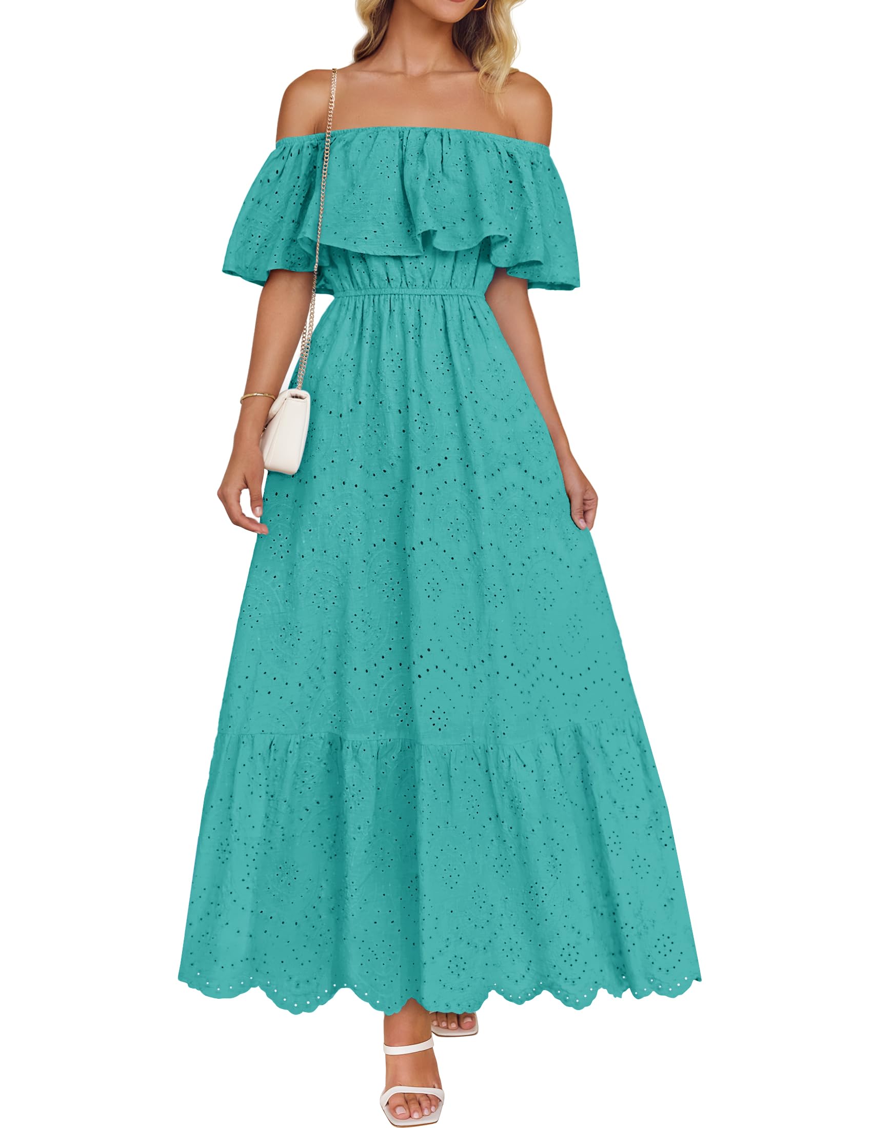 Luxuii Off Shoulder Ruffle Short Sleeve High Waist Hollow Dresses