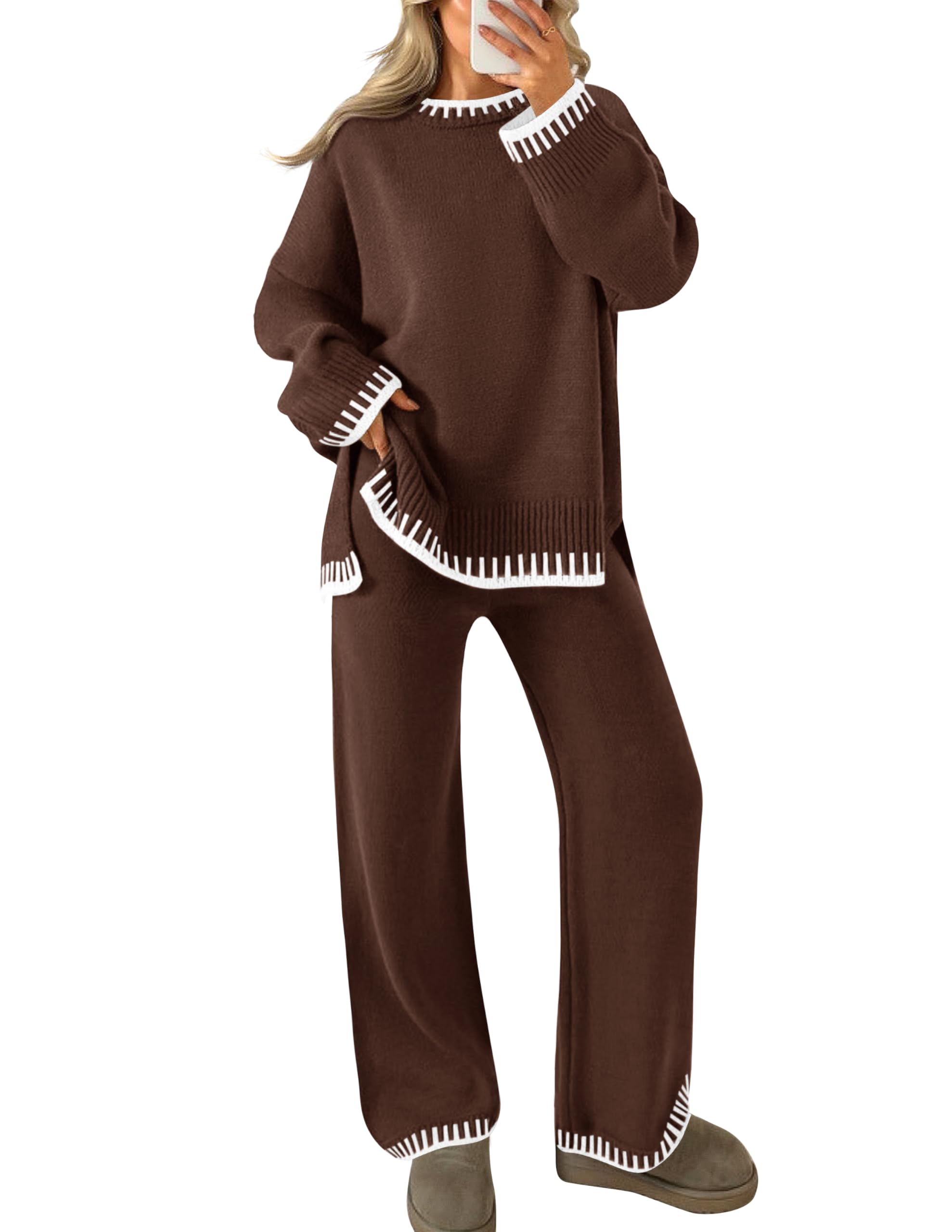 Luxuii Long Sleeve Pullover Tops Wide Leg Pants Lounge Set