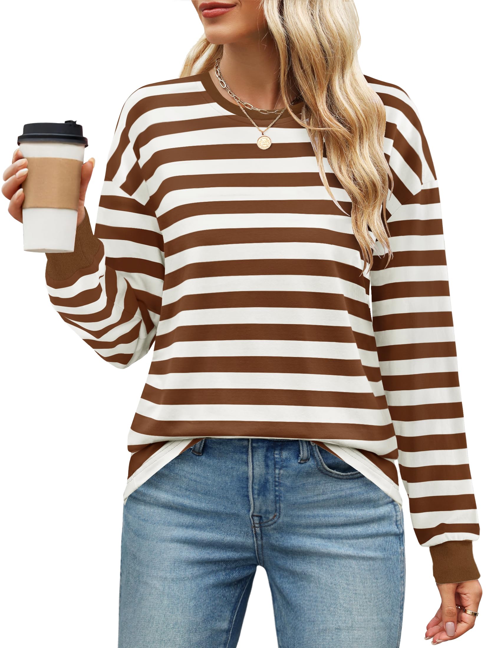 Luxuii Striped Shirts Fall Crewneck Casual Loose Fit Tunic Tops