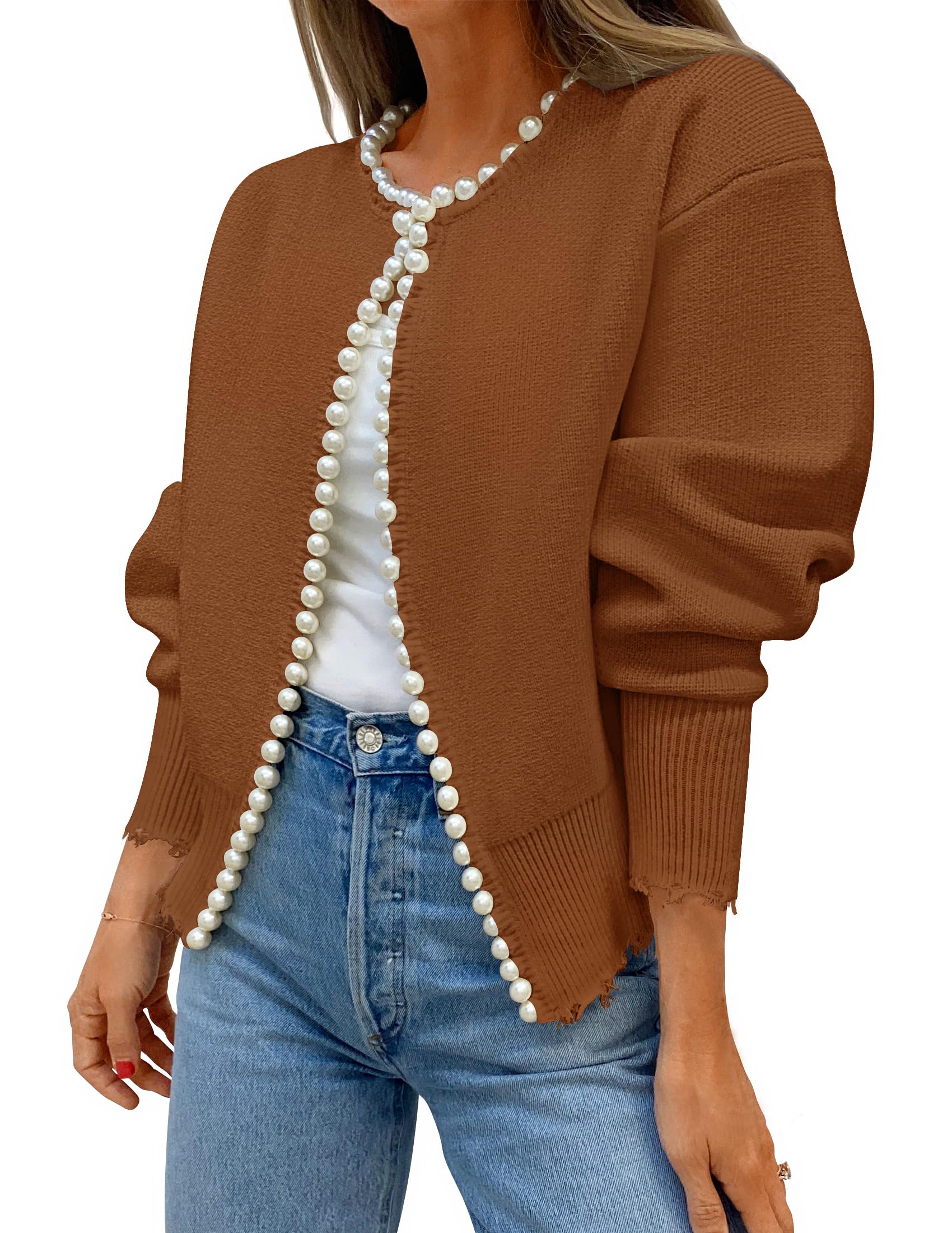 Luxuii Open Front Casual Knitted Long Sleeve Pearls Trim Coat