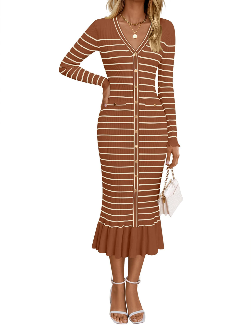 Luxuii Striped V Neck Button Elegant Bodycon Knit Dresses