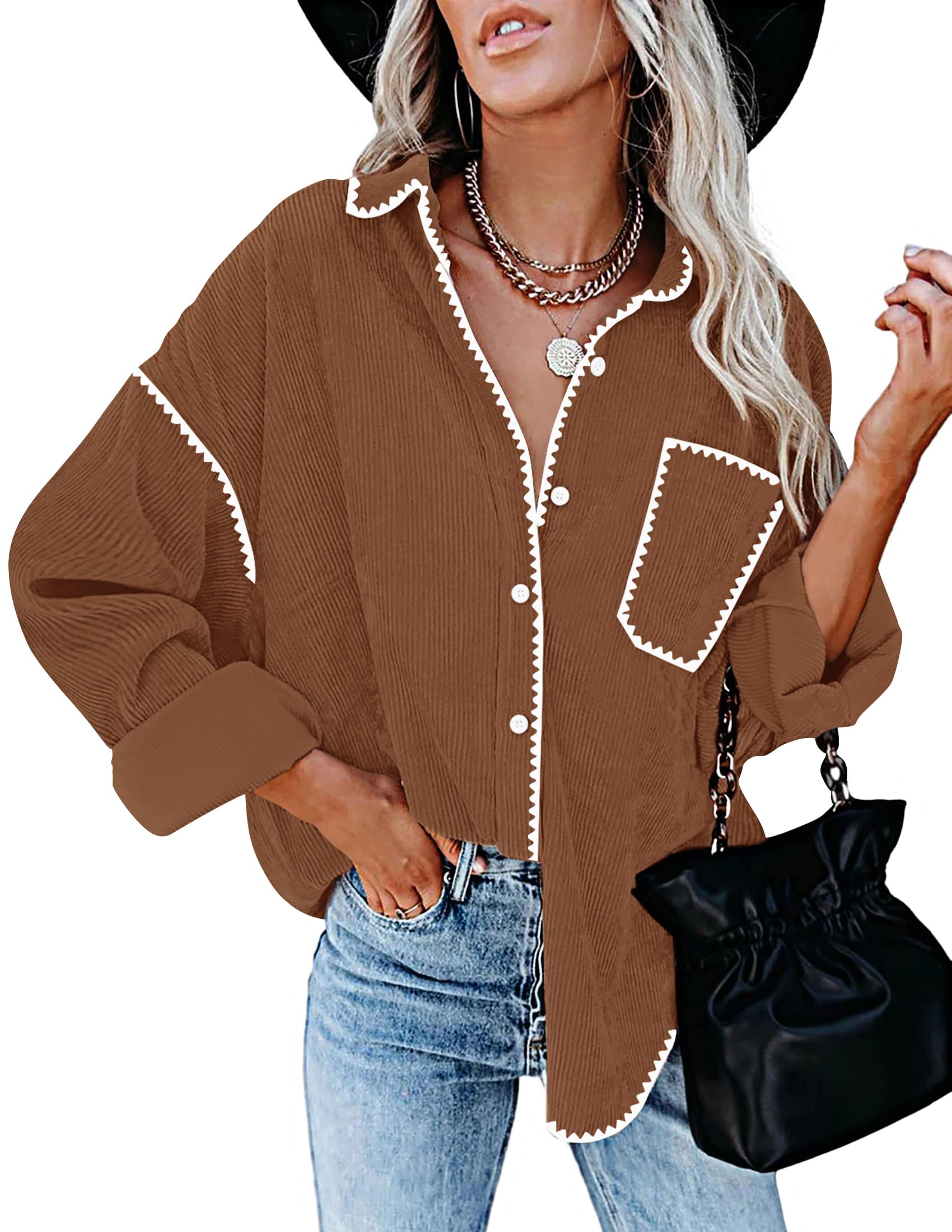 Luxuii Corduroy Shacket Jacket Button Down Blouses Tops