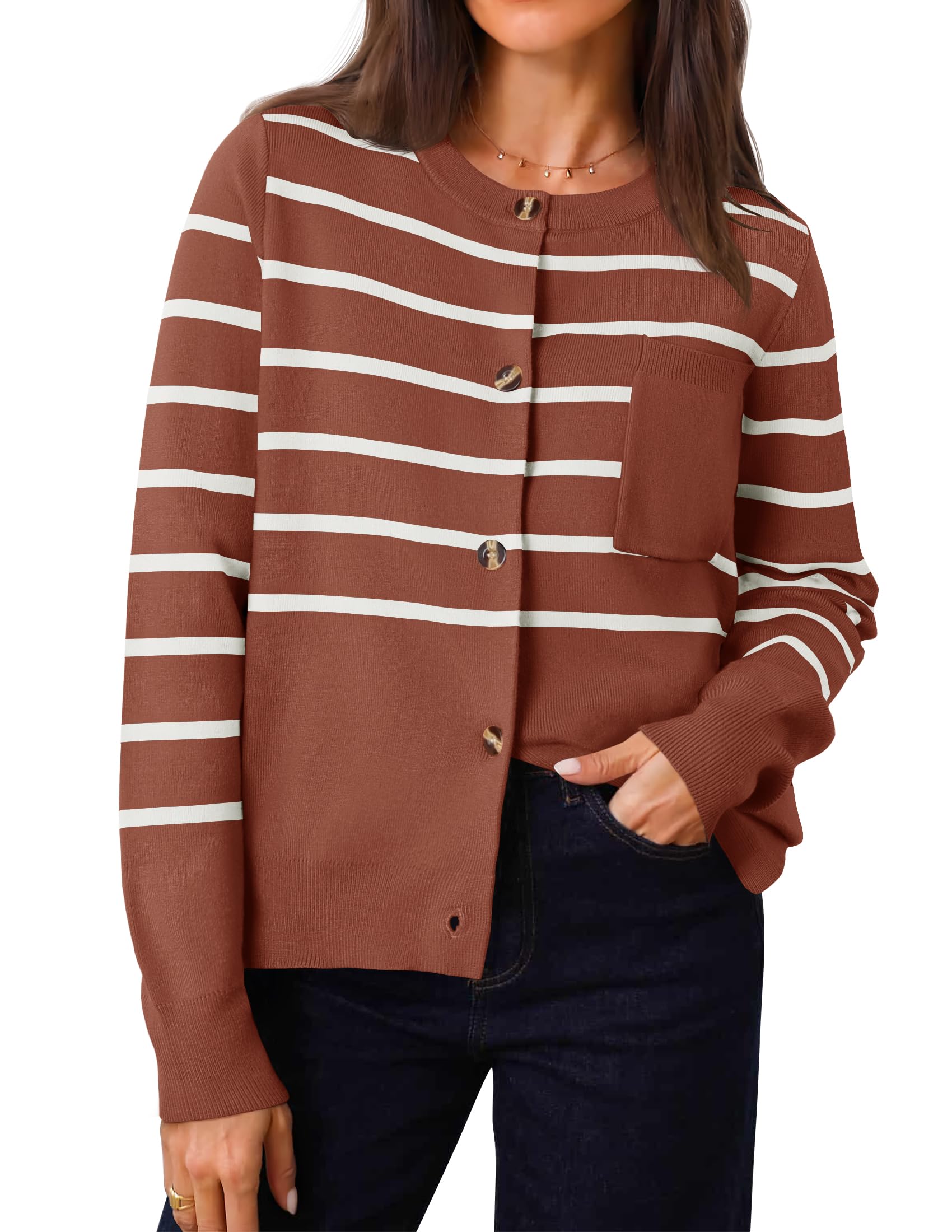Luxuii Striped Open Front Button Down Knit Outerwear Coat