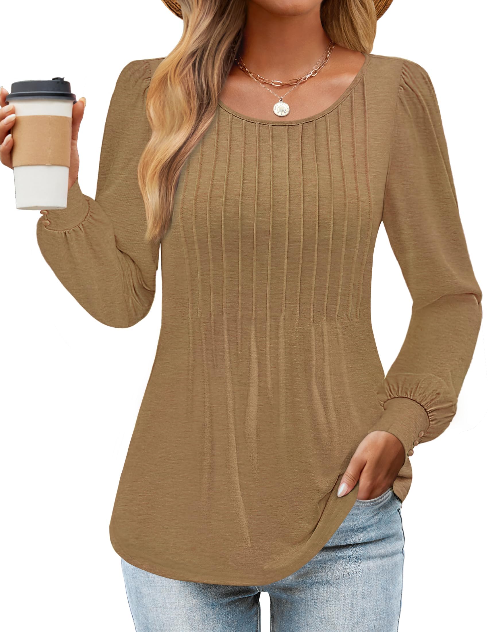 Luxuii Crew Neck Pleated Casual Tunic Blouses Top