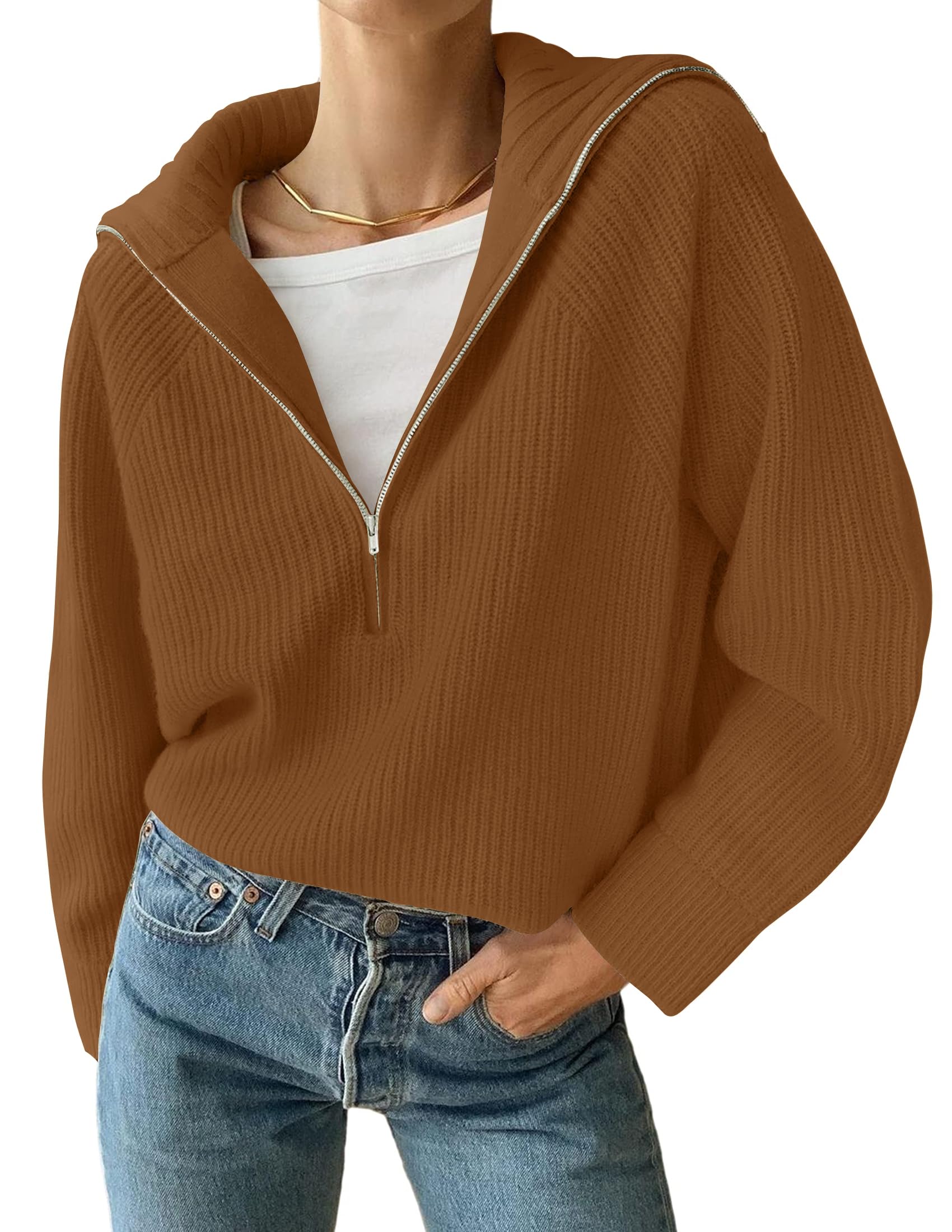 Luxuii Women's V Neck Sweaters Fall Long Sleeve Half Zipper Casual Oversized Tops