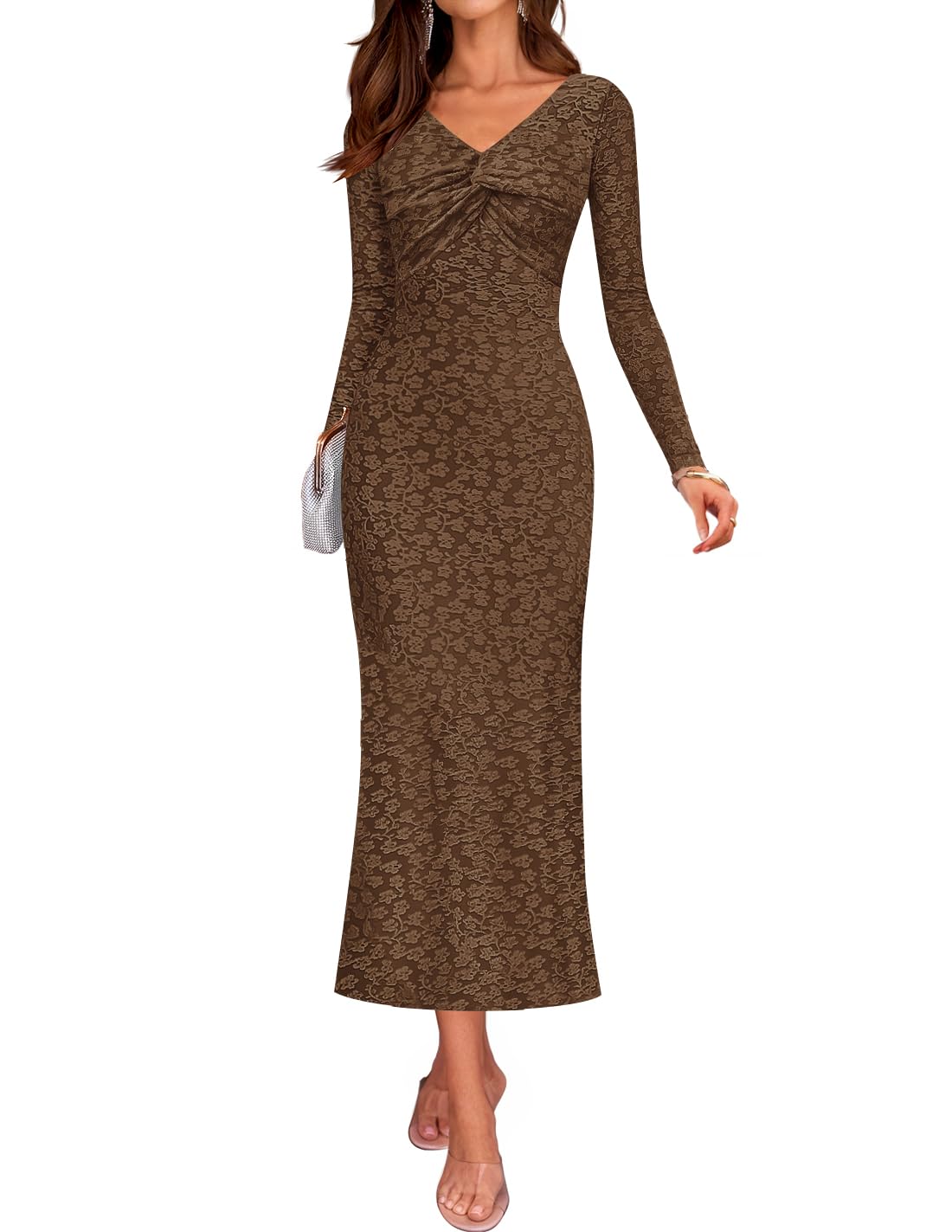 Luxuii Floral Long Sleeve Bodycon Boho V Neck Cocktail PartyDresses