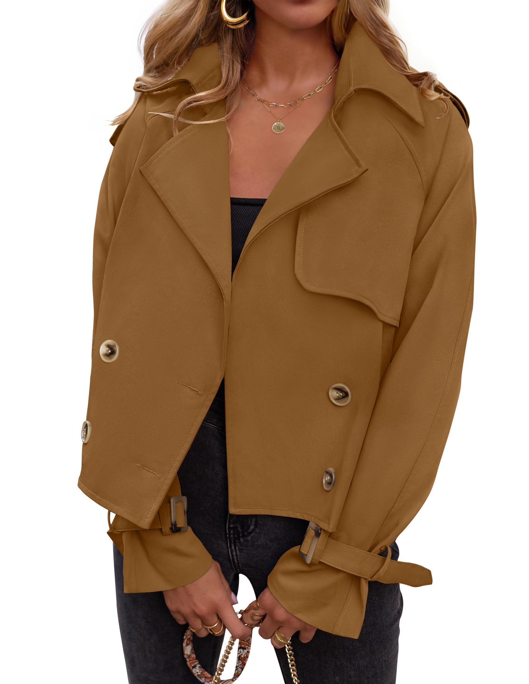Luxuii Crop Trench Coat Lapel Double Breasted Loose Casual Jacket