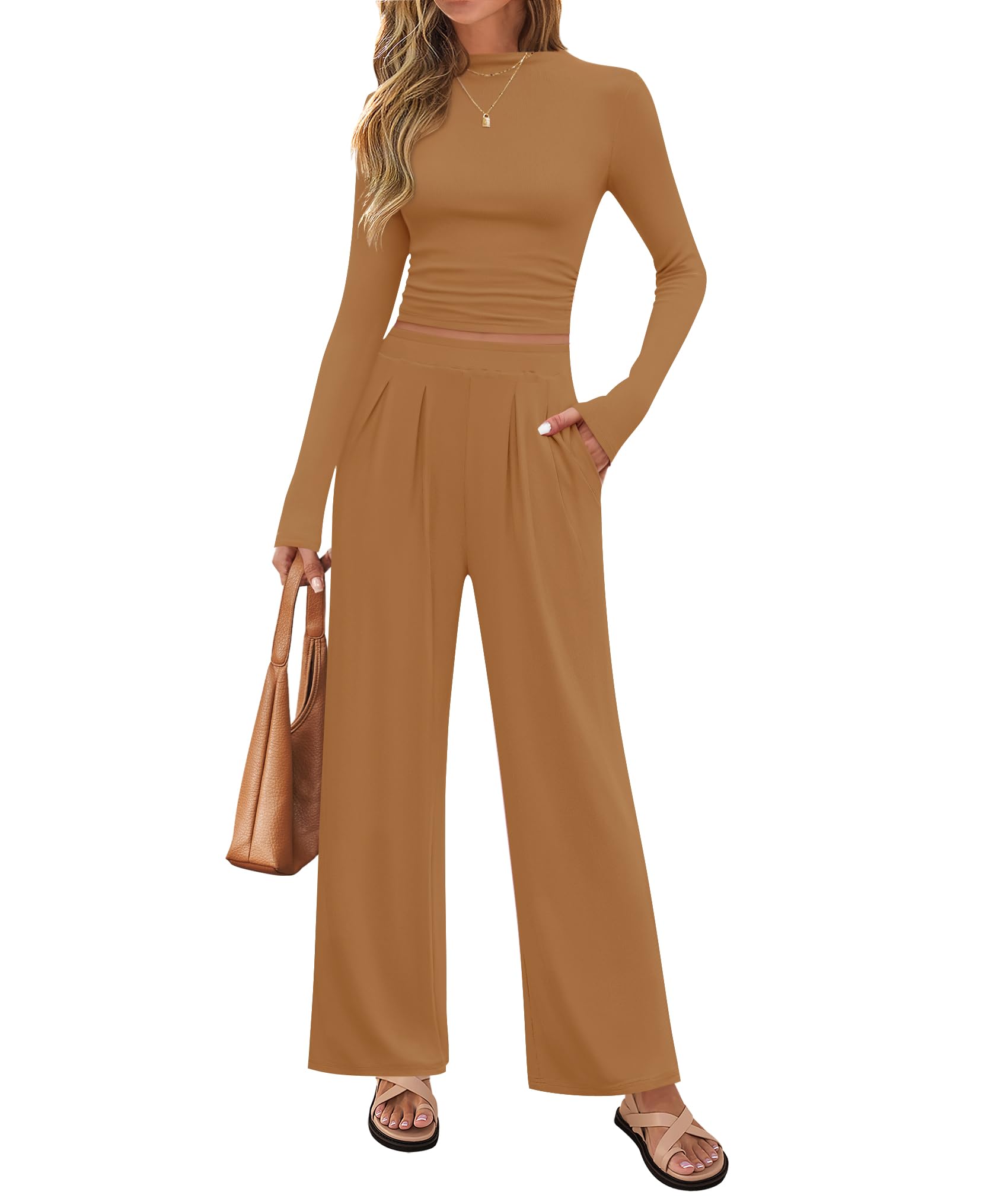 Luxuii Ruched Fitted Crop Top Wide Leg Pants Knit Lounge Sets
