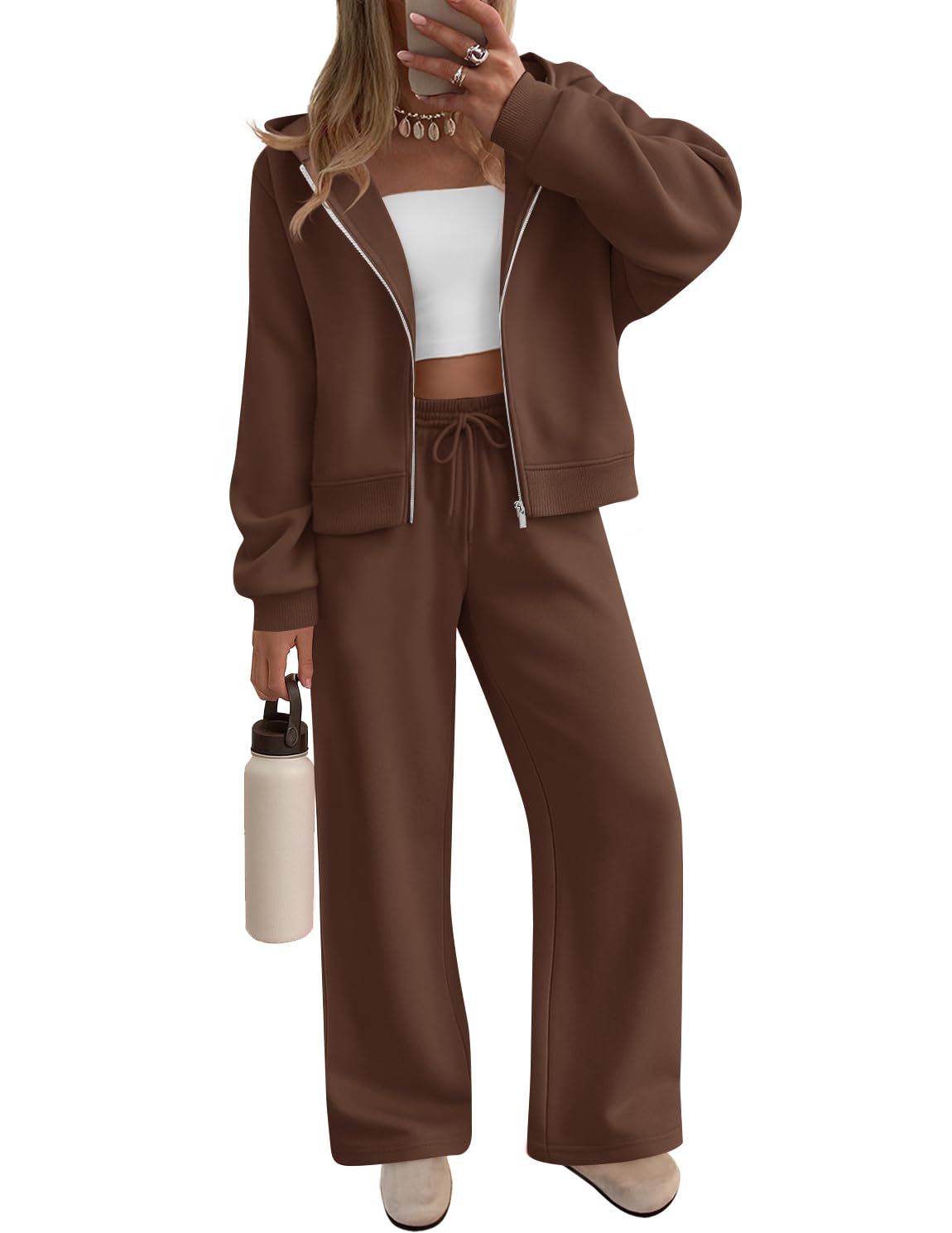 Luxuii Fleece Hoodie Zip Up Sweatshirt Long Sweatpant Matching Set