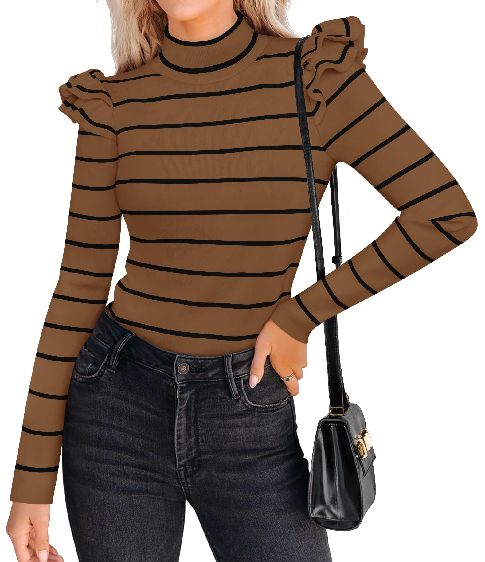 Luxuii Striped Ruffle Turtleneck Ribbed Knit Pullover Tops