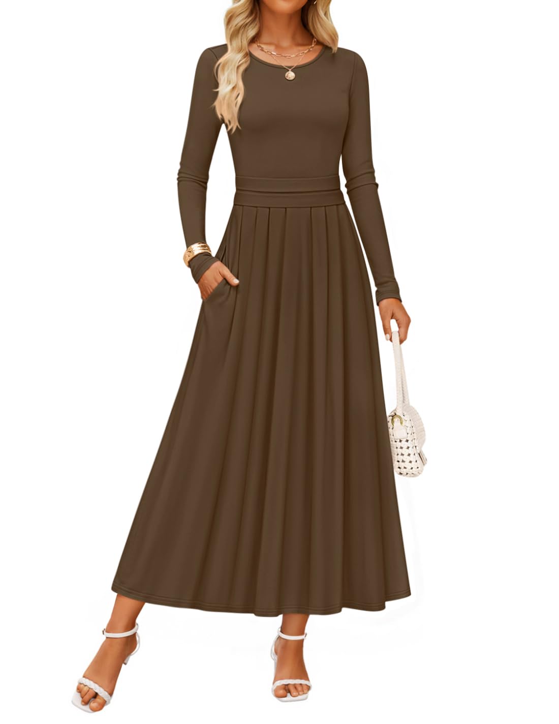 Luxuii Elegant Crewneck Knit High Wasit Pleated Flowy A Line Dresses