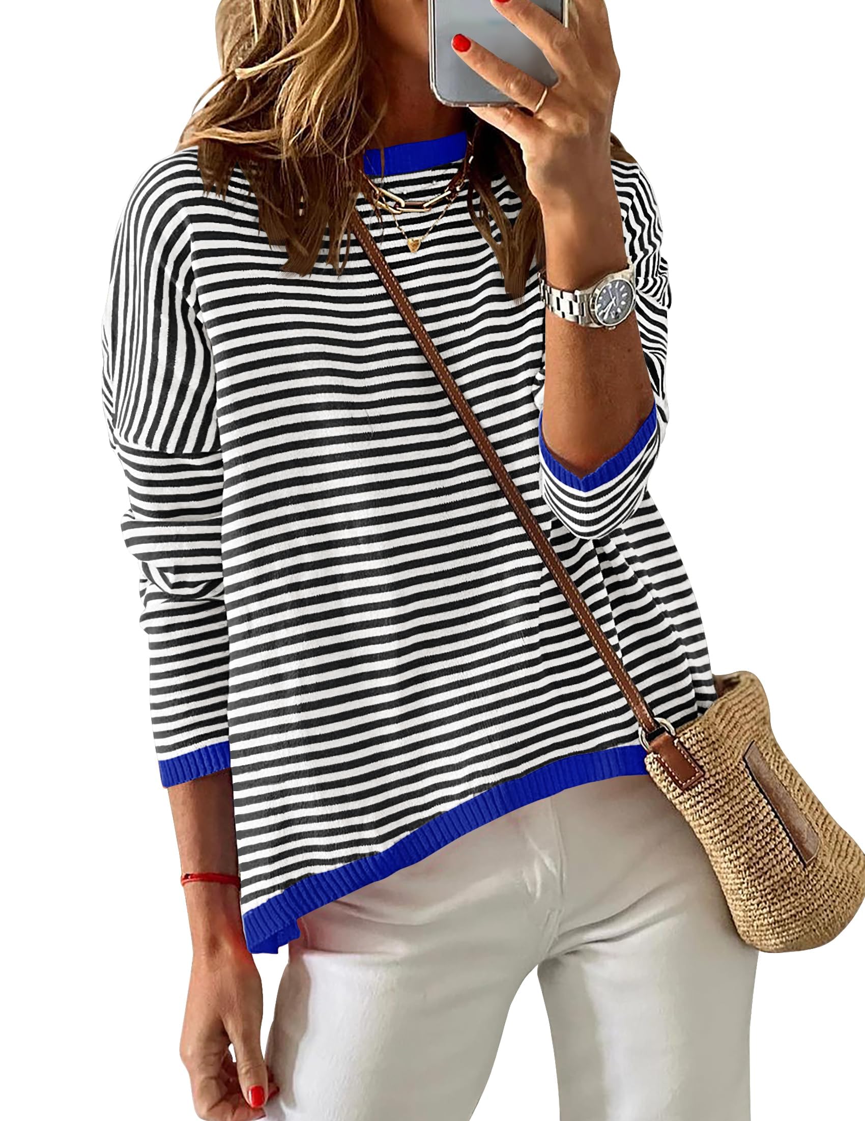 Luxuii Striped Crew Neck Color Block Pullover Tops