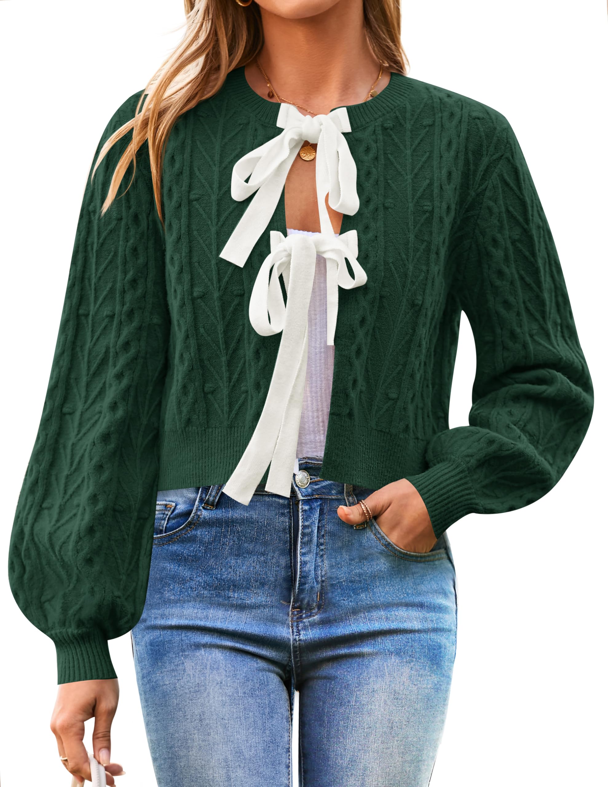 Luxuii Fall Long Sleeve Tie Front Cable Knit Chunky Cropped Outerwear Coat