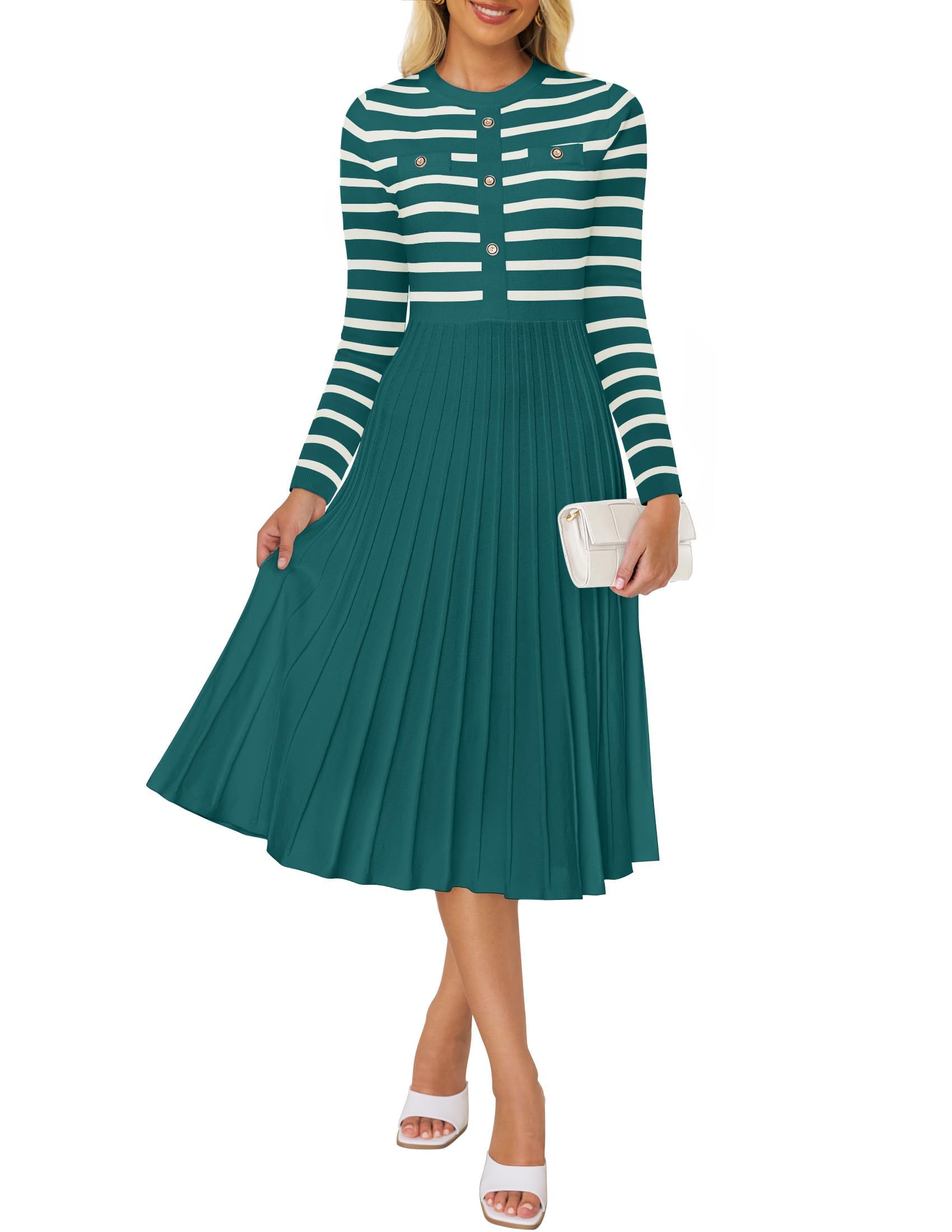 Luxuii Striped Crewneck Button Ribbed Knit Sweater Dress