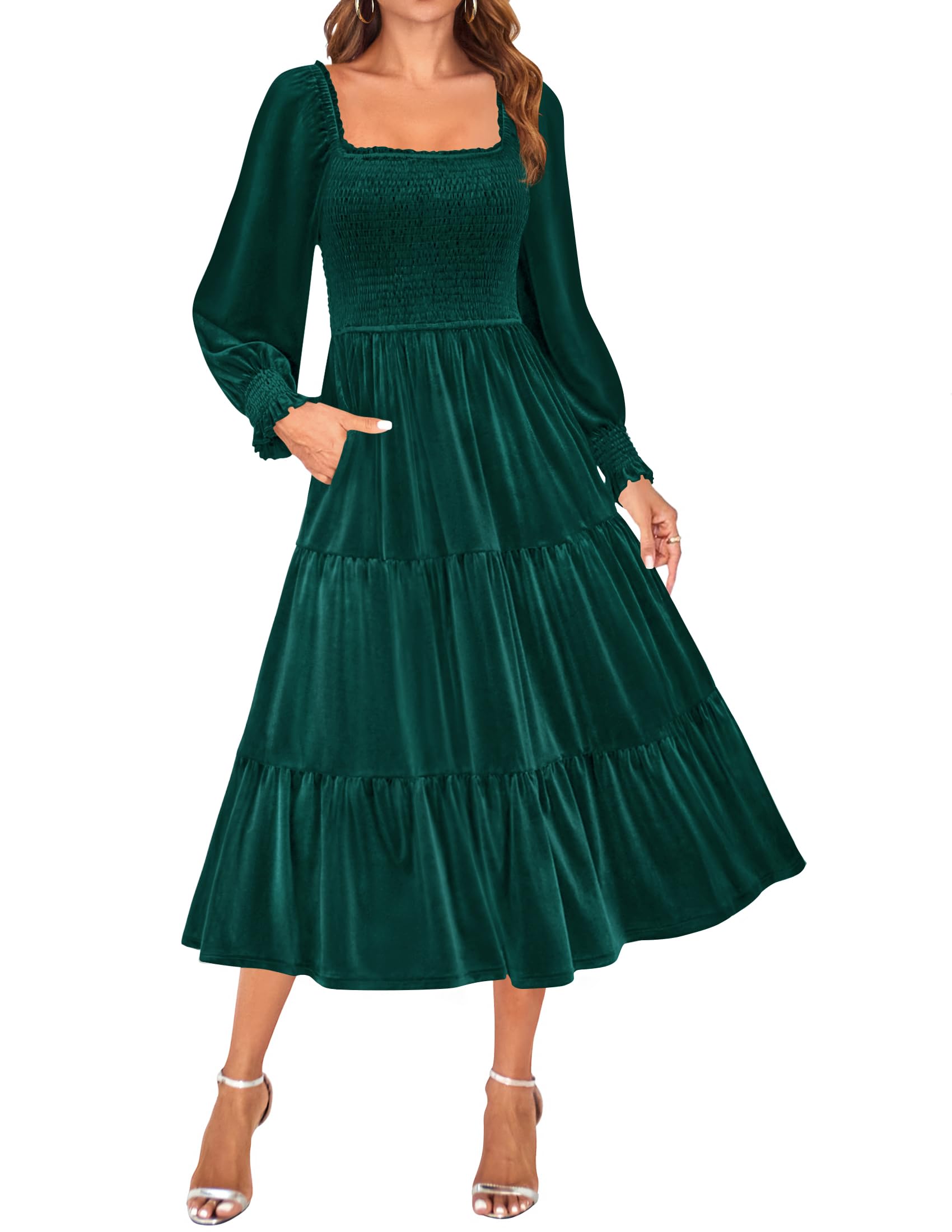Luxuii Velvet L Neck Smocked Ruffle A Line Flowy Midi Dress