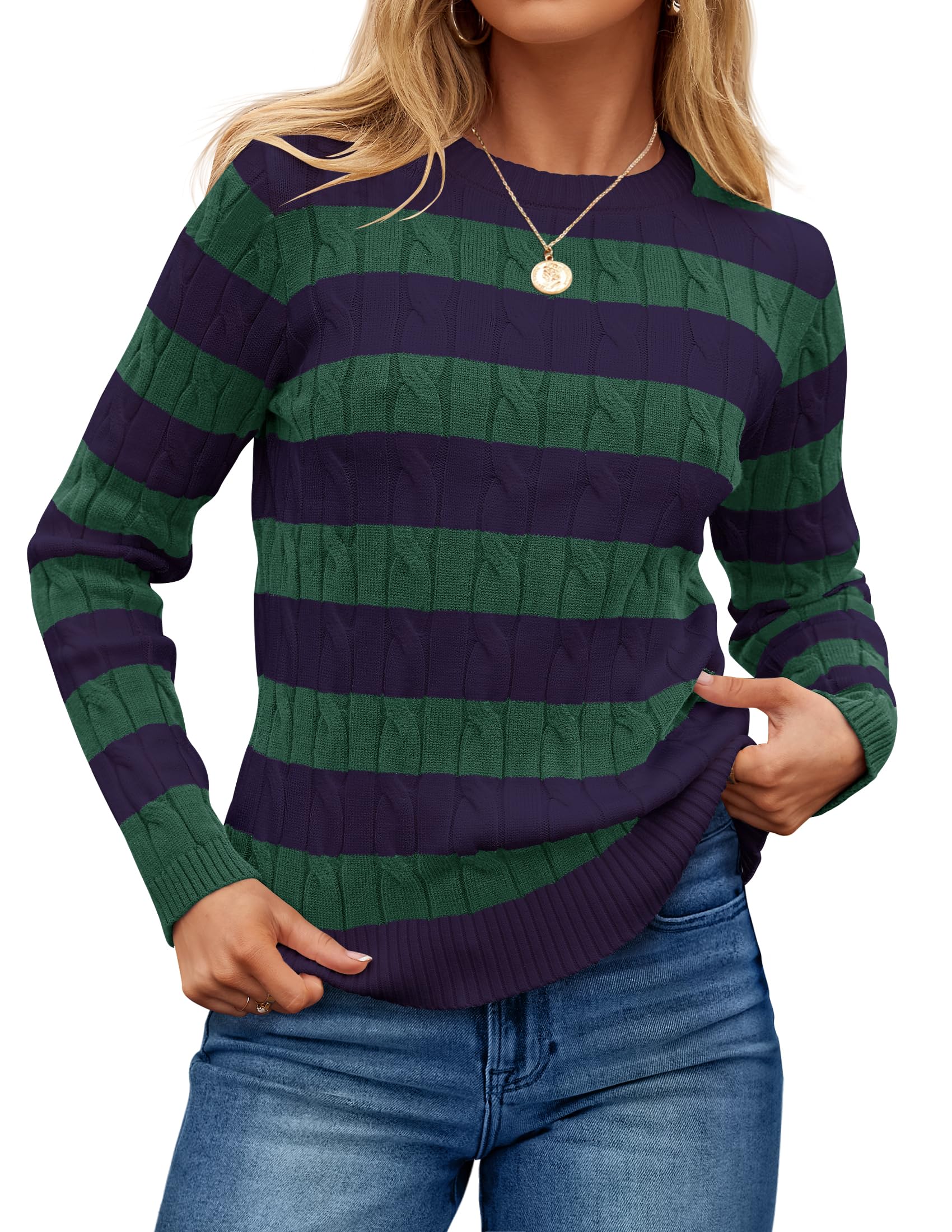 Luxuii Casual Striped Cable Knit Loose Chunky Pullover Sweater