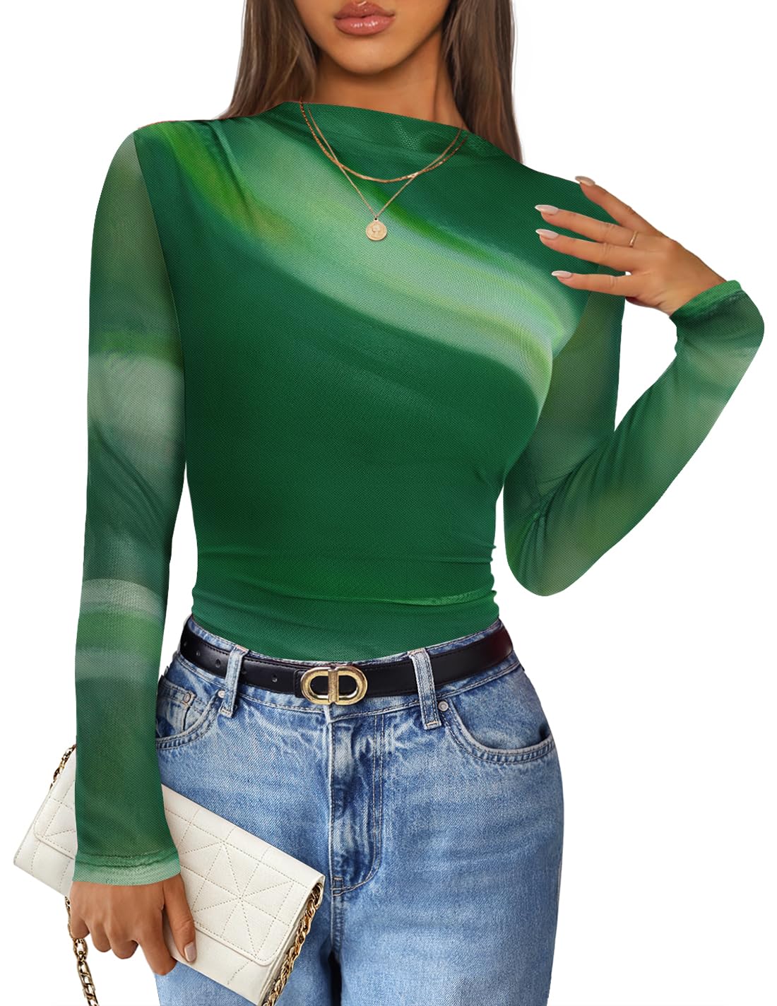 Luxuii Floral Fall Mesh Mock Neck Ruched Fitted Shirts